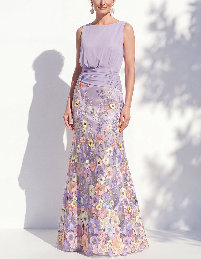 Sage Green Chiffon Floral Appliqué Mermaid Maxi Dress