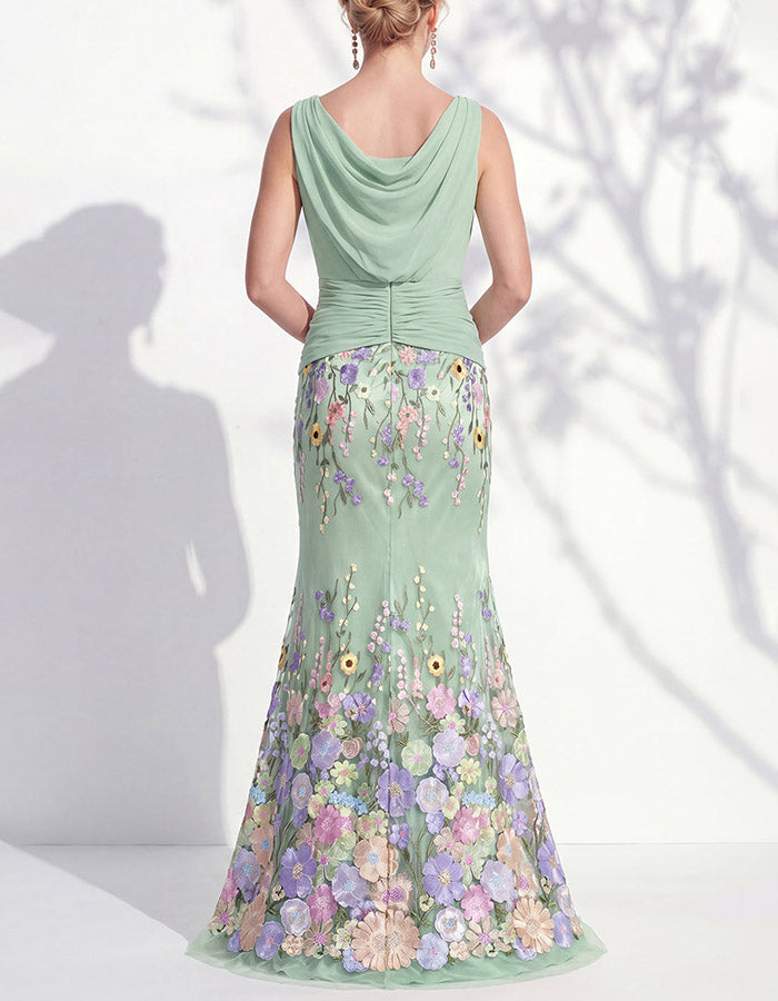 Zeegroene chiffon maxi-jurk met bloemenapplicaties in zeemeerminstijl
