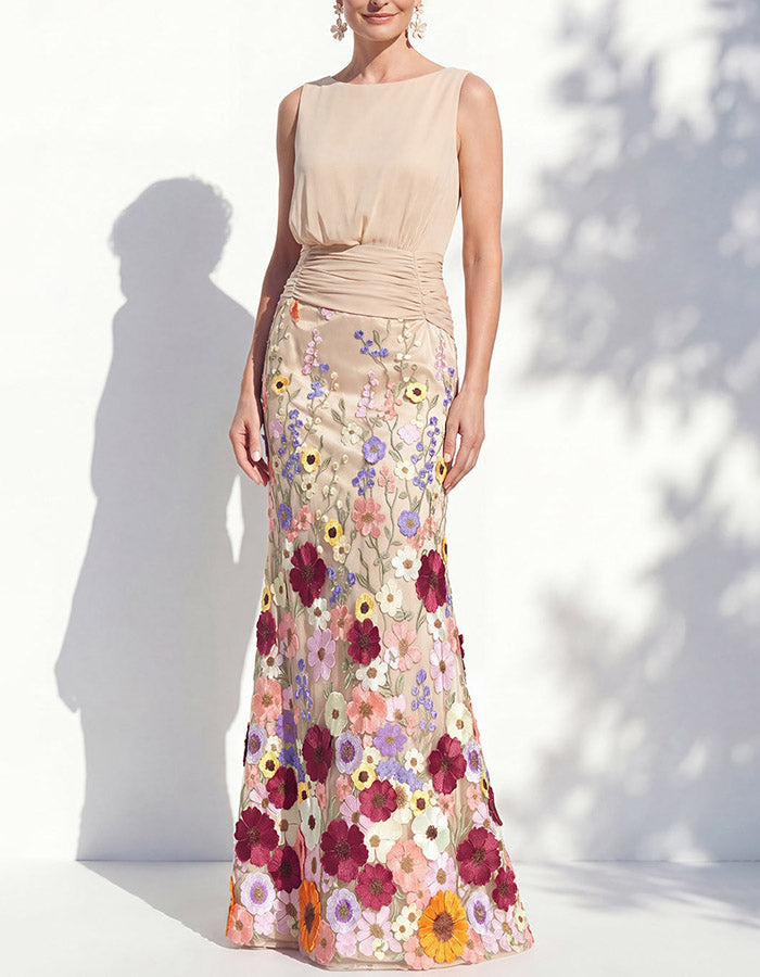 Sage Green Chiffon Floral Appliqué Mermaid Maxi Dress