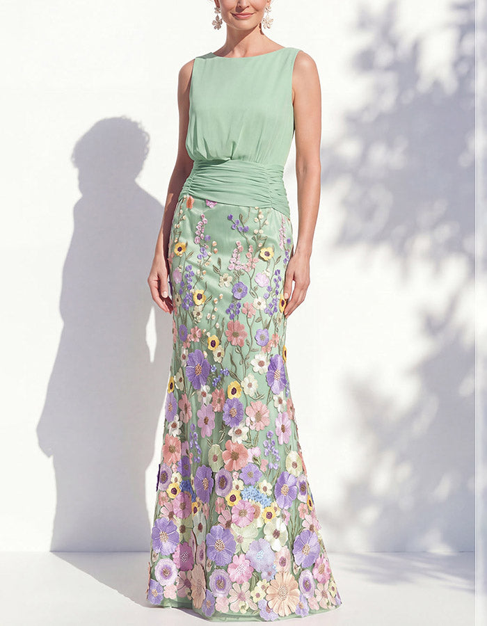 Sage Green Chiffon Floral Appliqué Mermaid Maxi Dress