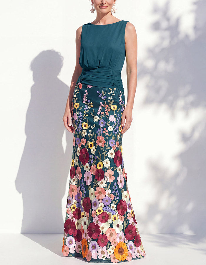 Sage Green Chiffon Floral Appliqué Mermaid Maxi Dress