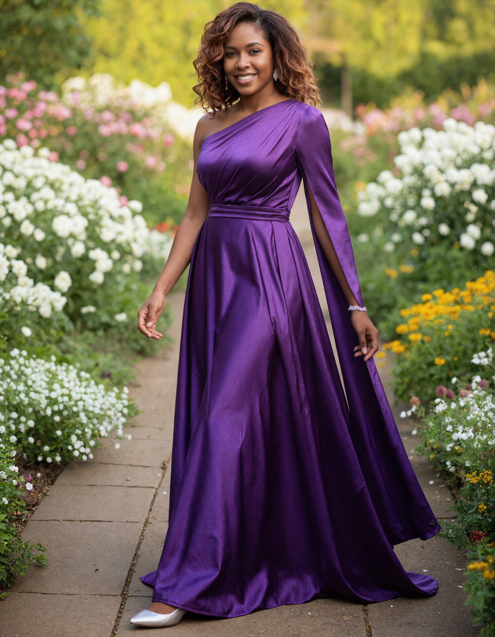 Purple Satin One Shoulder Shawl Sleeve Maxi Dress