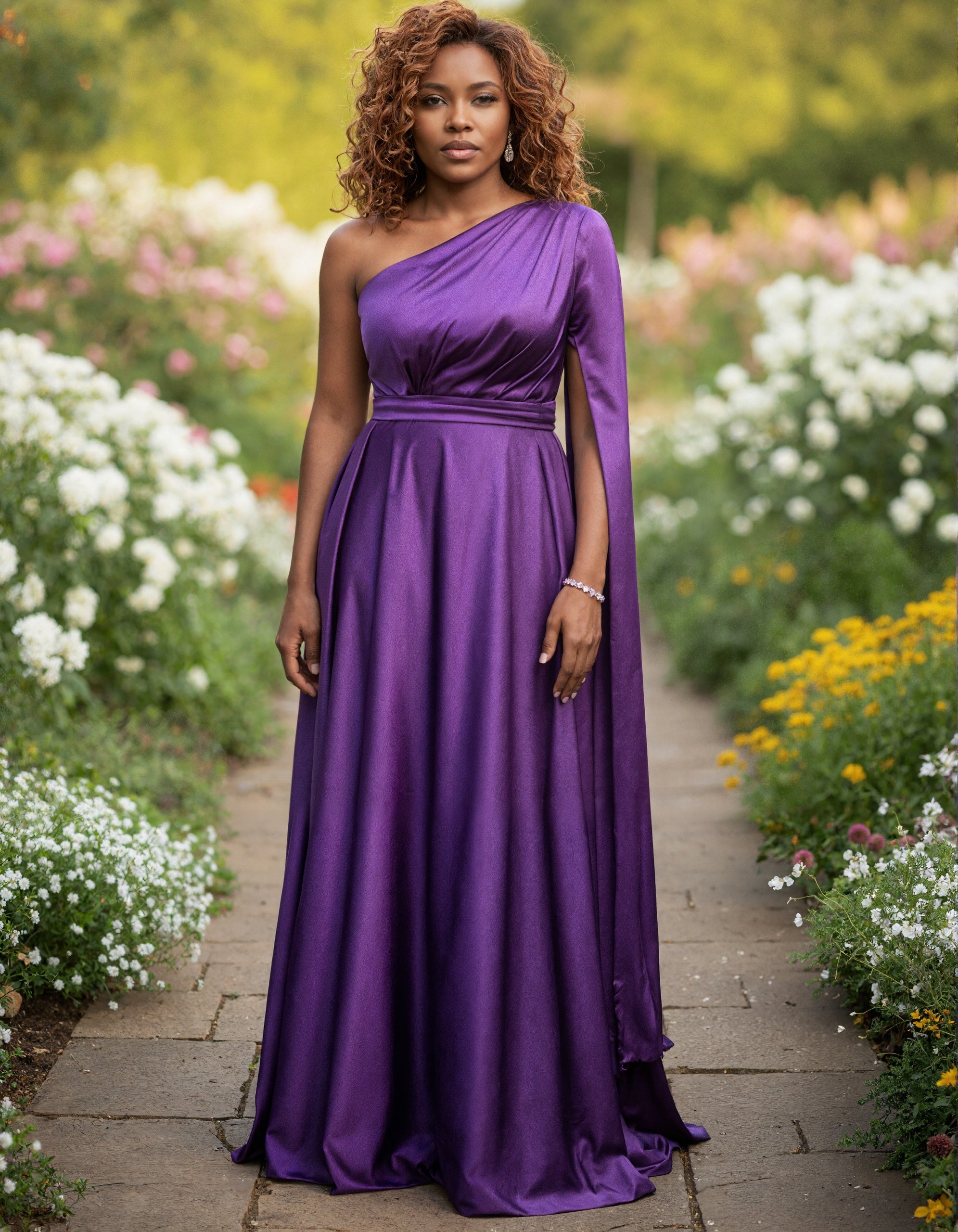 Purple Satin One Shoulder Shawl Sleeve Maxi Dress