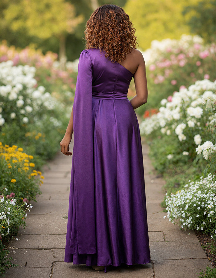 Purple Satin One Shoulder Shawl Sleeve Maxi Dress