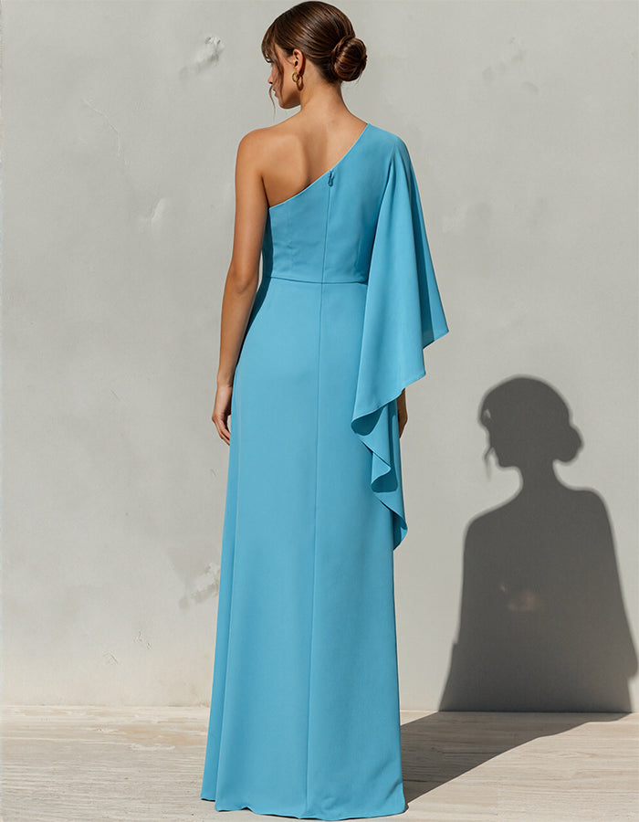 Vestido maxi asimétrico con drapeado y un solo hombro azul  