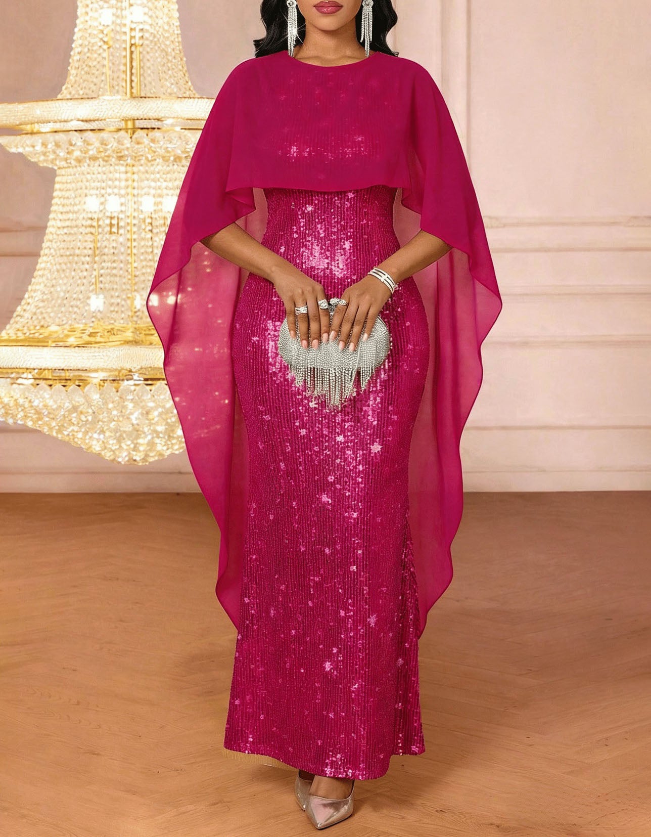Flowy Chiffon Capelet Sequin Mermaid Evening Maxi Dress