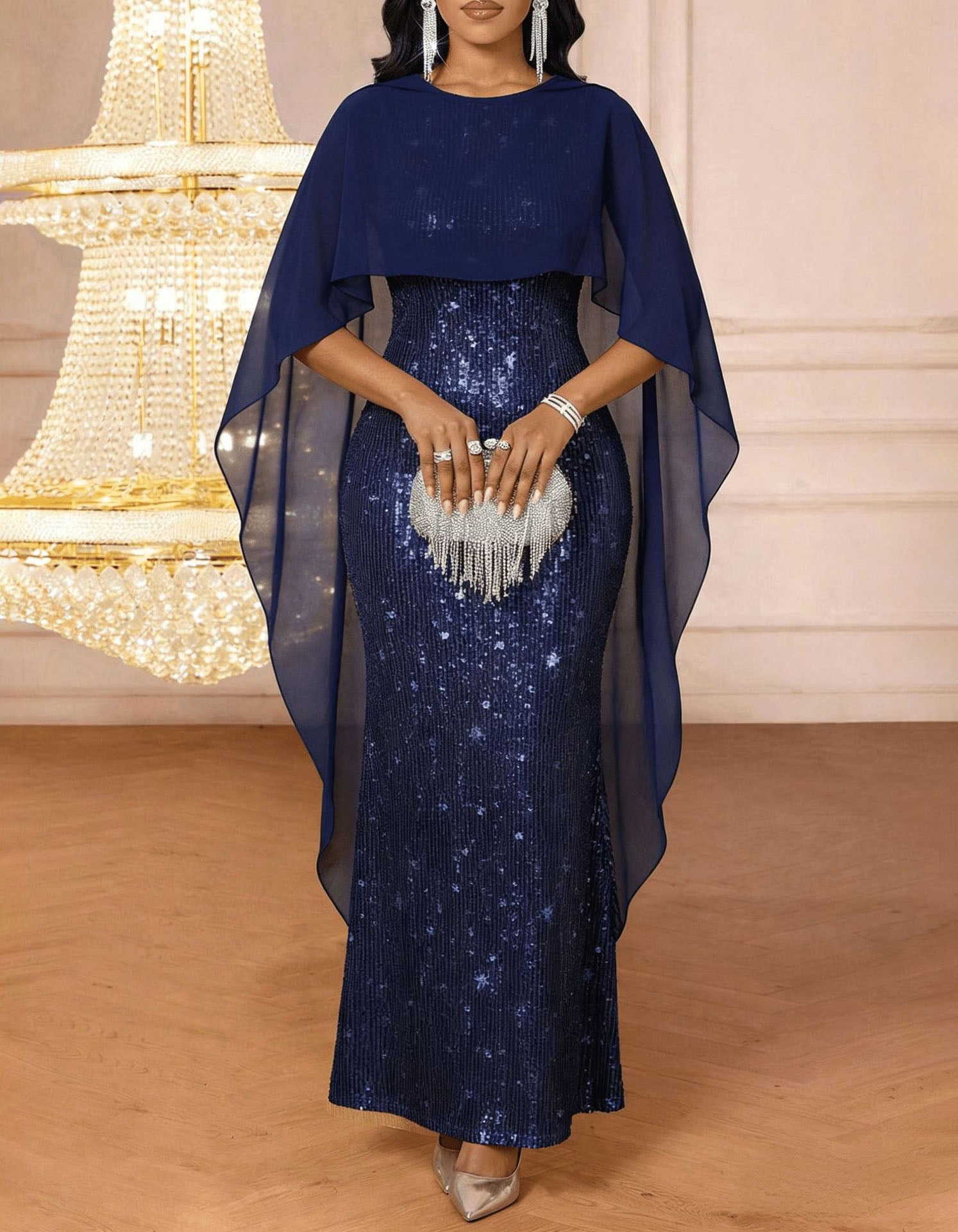 Flowy Chiffon Capelet Sequin Mermaid Evening Maxi Dress