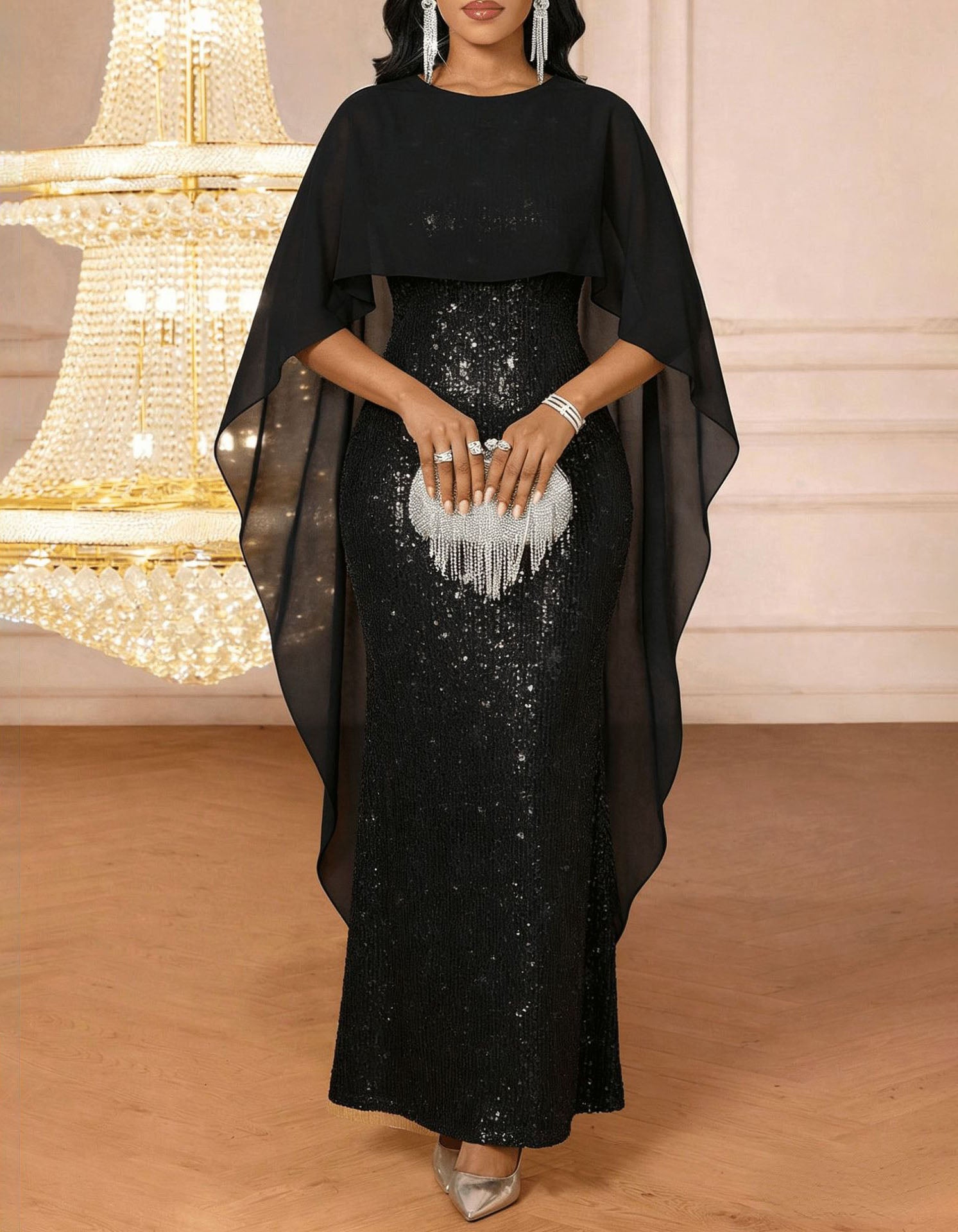 Flowy Chiffon Capelet Sequin Mermaid Evening Maxi Dress