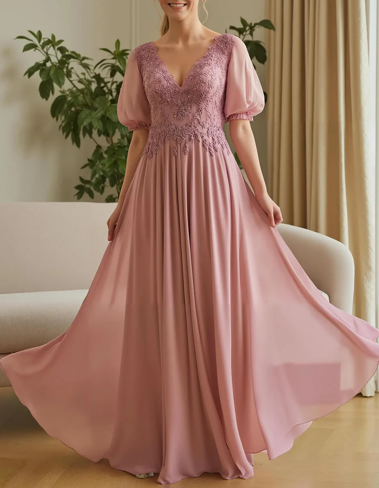 Dusty Pink Lace Chiffon V-Neck Maxi Dress