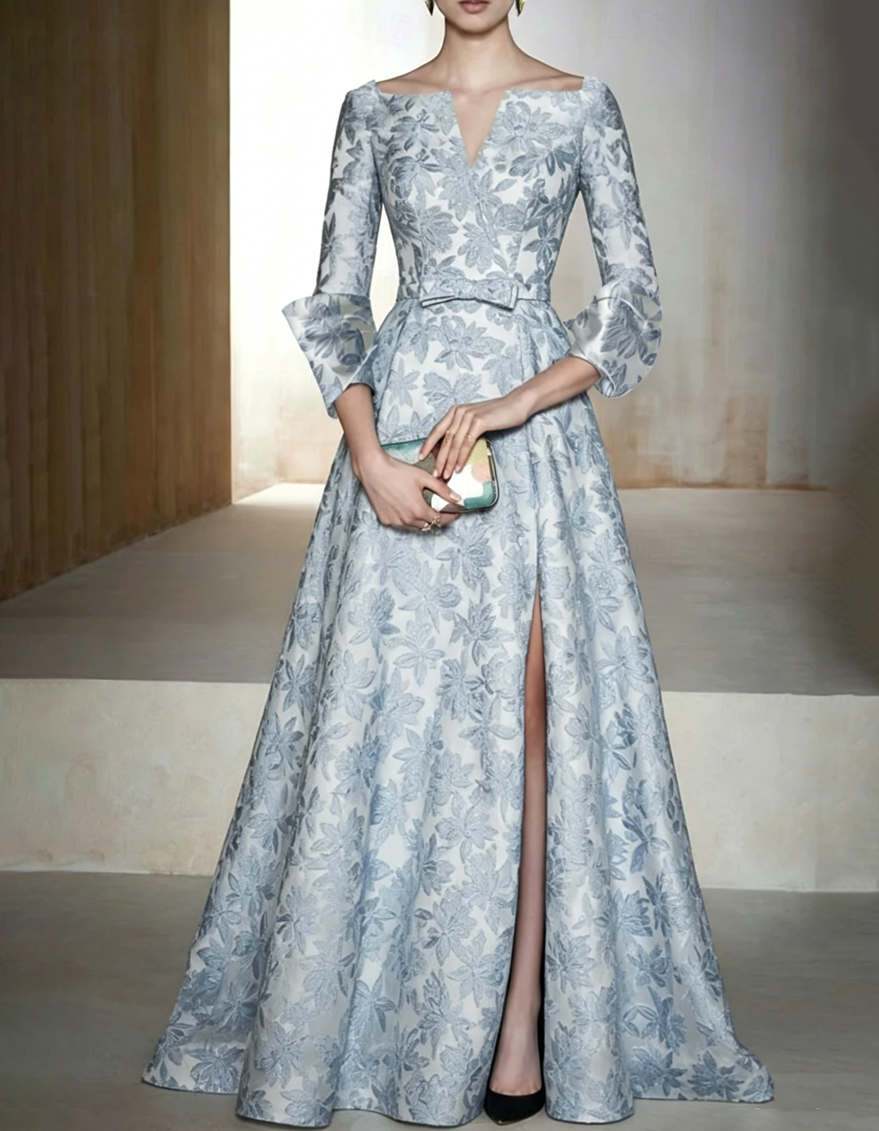 Gray-Blue Satin Floral Jacquard Embossed V-Neck Fitted Maxi Dress