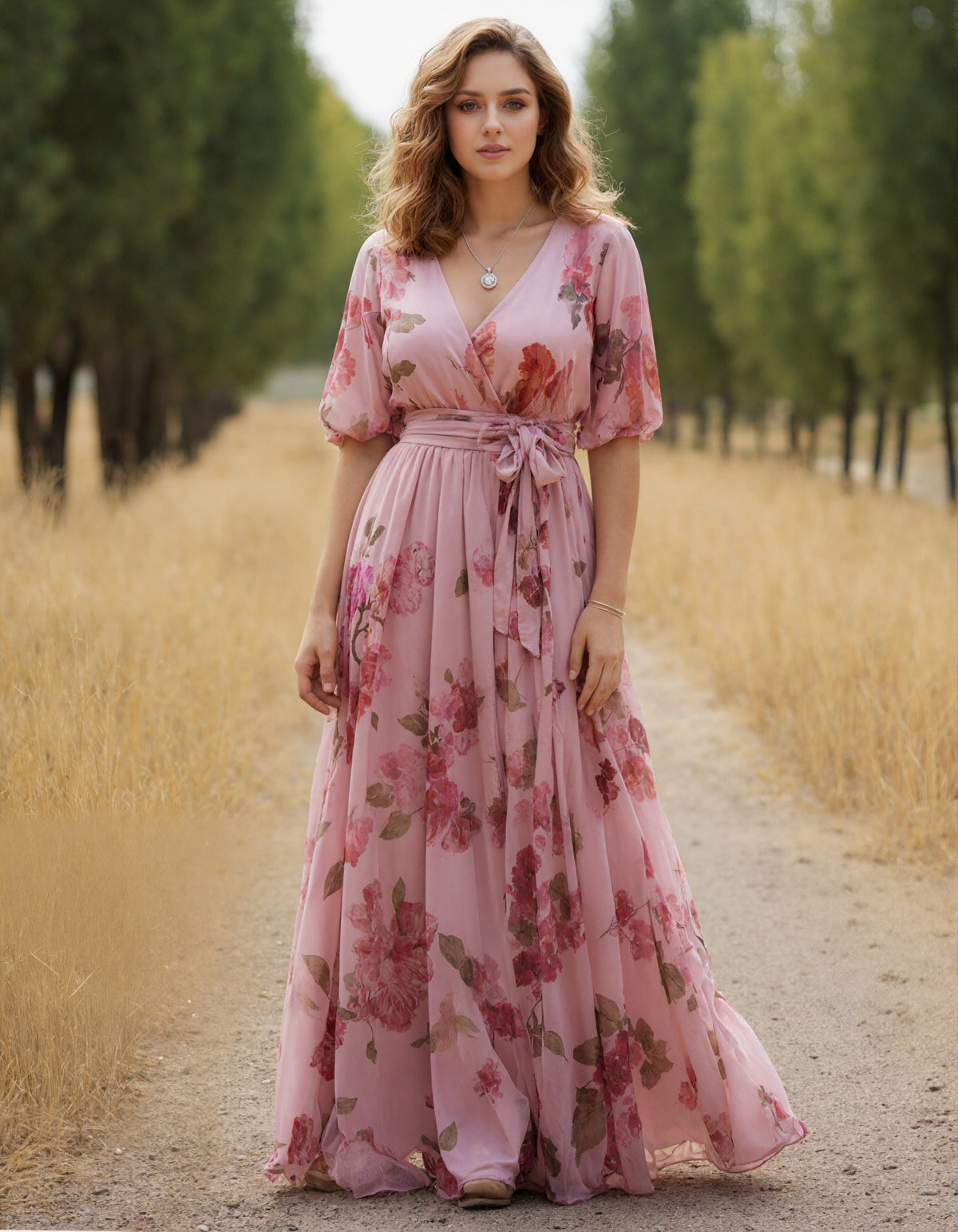 Rosa Maxikleid aus Chiffon mit floralem Wickeldesign
