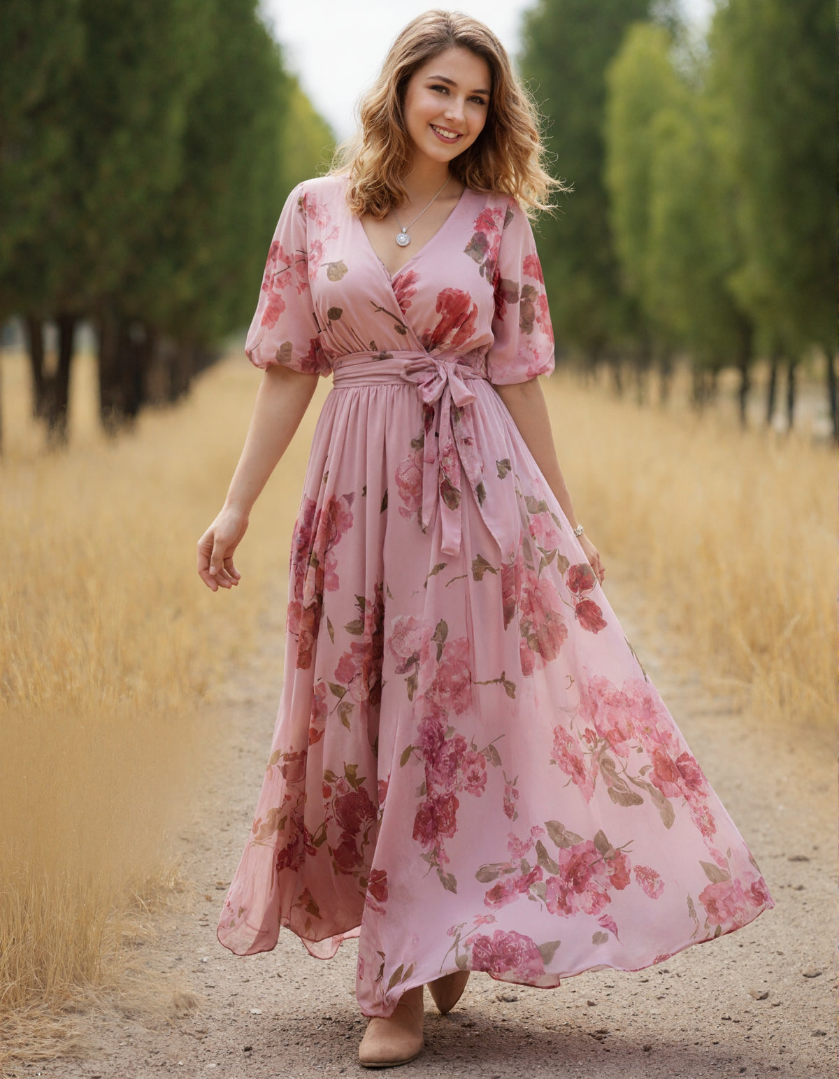 Abito lungo rosa in chiffon con stampa floreale e cintura incrociata
