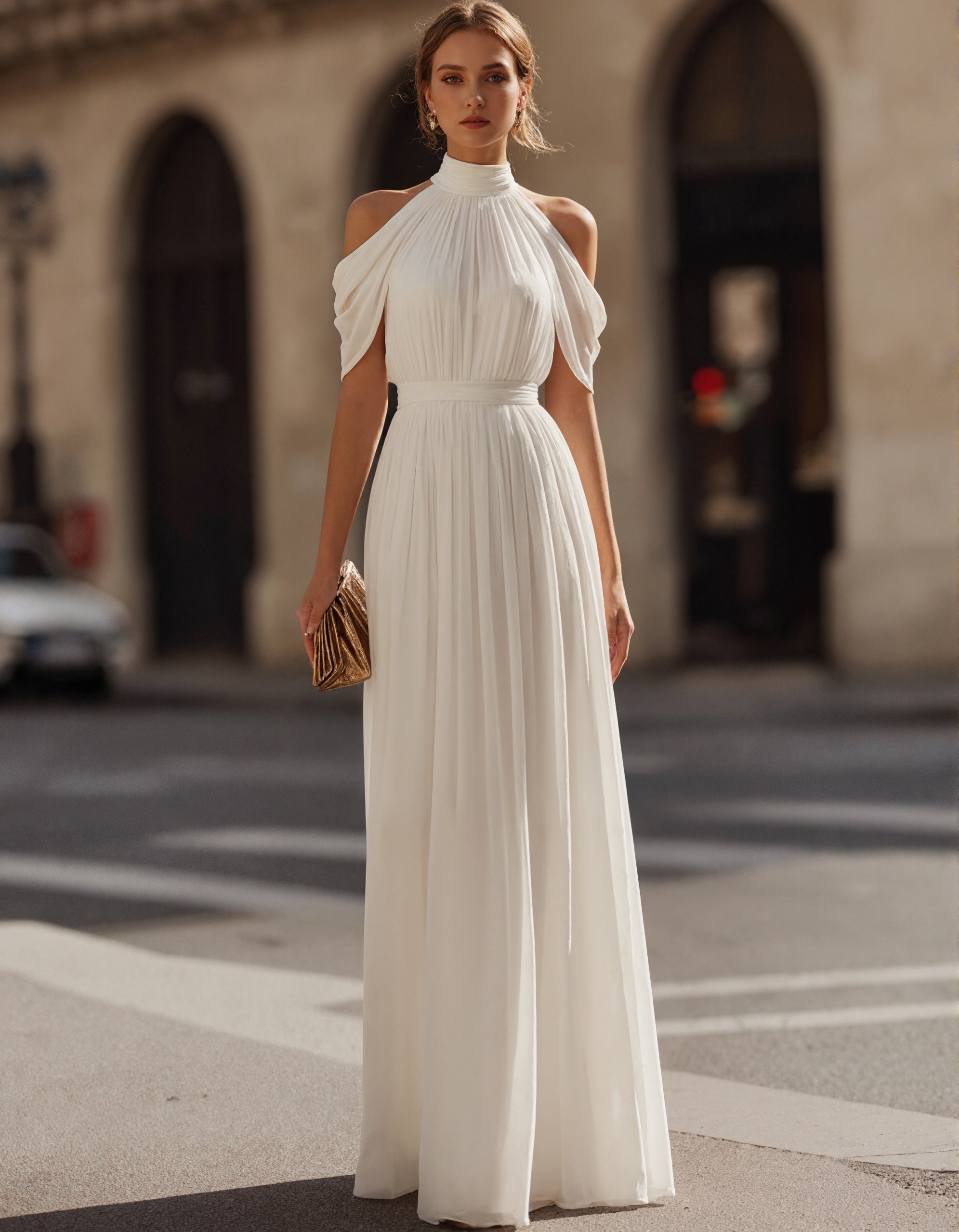 Witte off-shoulder chiffon maxi-jurk met plooien