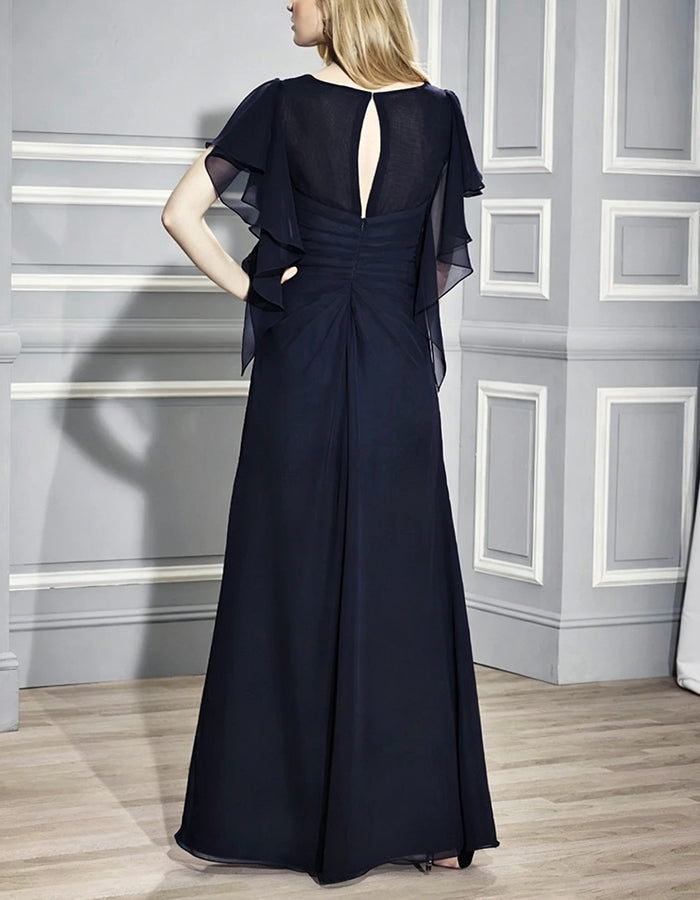 Vestido maxi azul marinho de chiffon com decote em V e mangas com folhos
