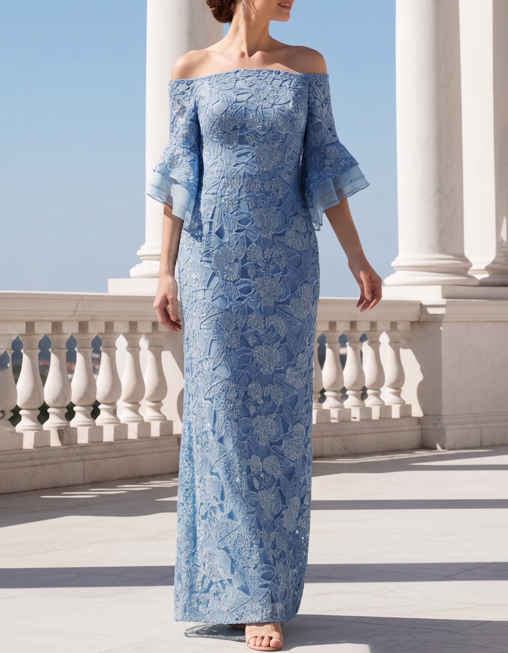 Blue Off-Shoulder Lace Embroidery Sequin Maxi Dress