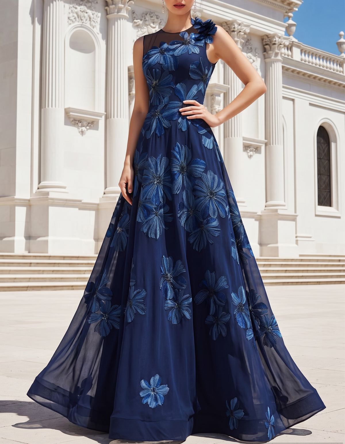 Abito lungo blu navy in chiffon con stampa floreale e scollo tondo