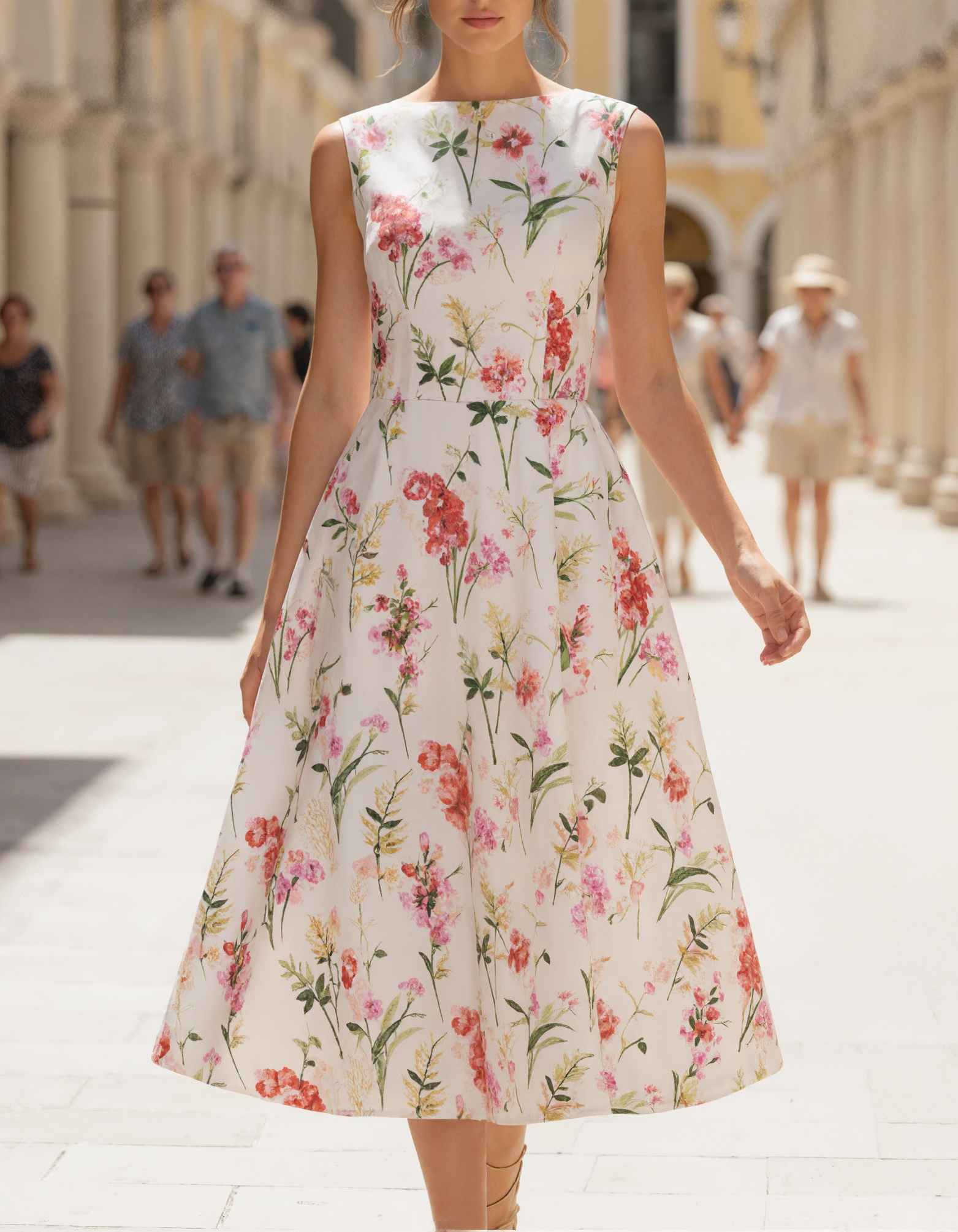 Matte Satin Printed Round Neck Fitted Waist Midi Dress