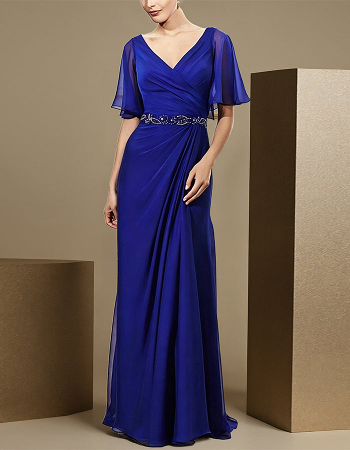 Königsblaues Maxikleid aus Chiffon mit überkreuztem V-Ausschnitt, Rüschenärmeln und paillettenbesetzter Taille  