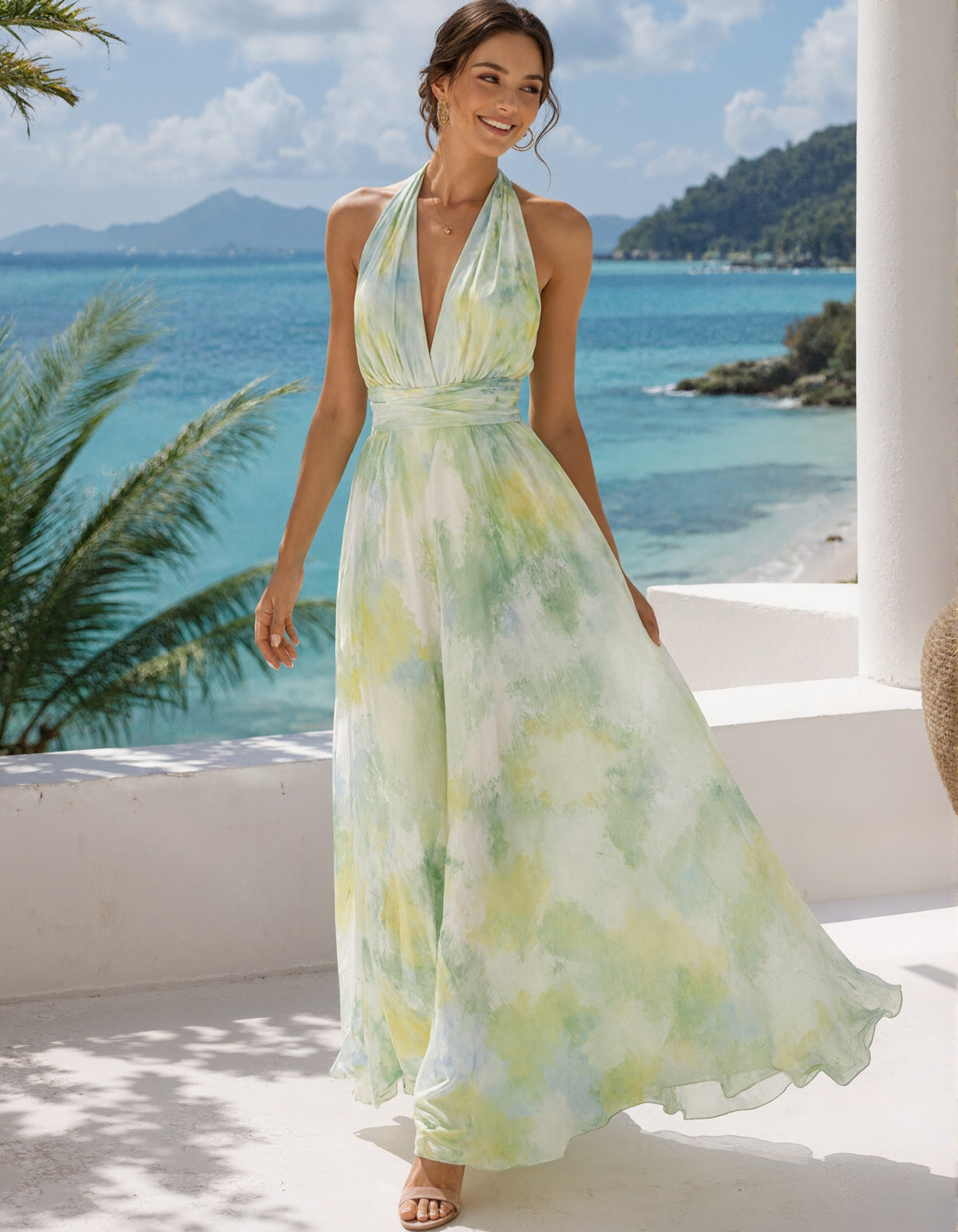 Vestido maxi amarillo verdoso de gasa con espalda descubierta y escote profundo en V