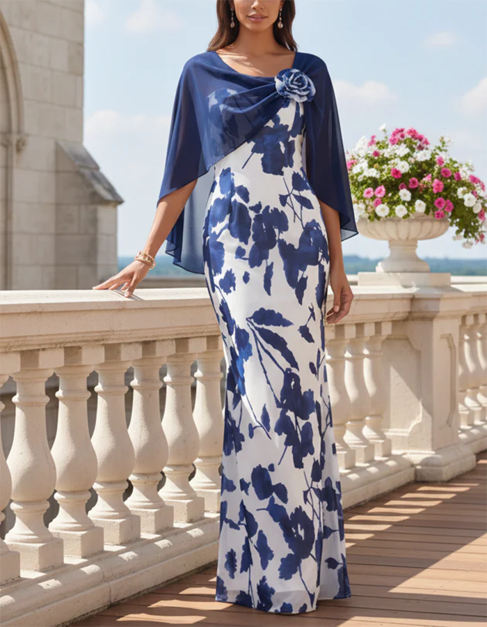 Vestido largo sirena de gasa con flores en acuarela azul marino y blanco