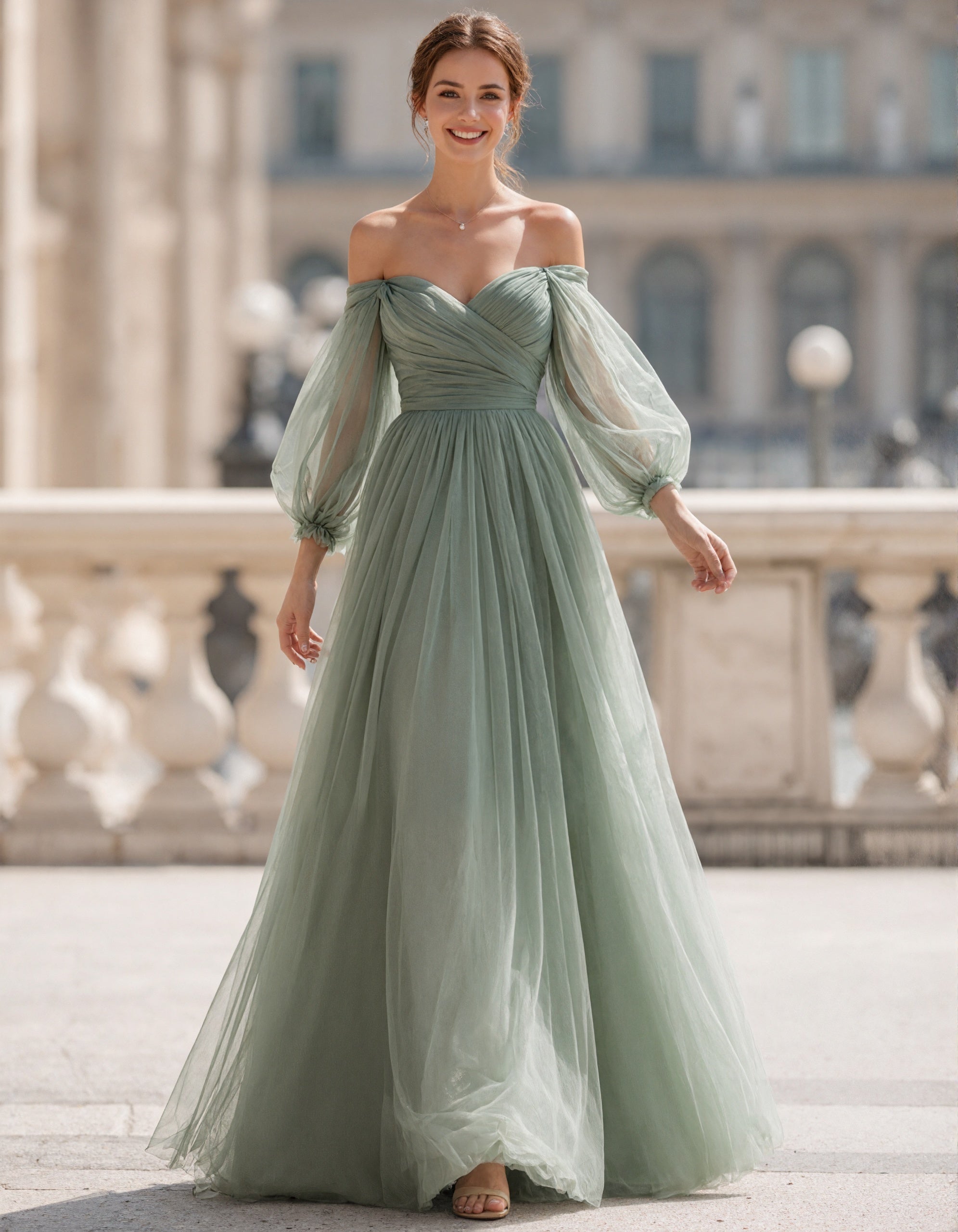Rochie maxi verde salvie cu umerii goi, mâneci bufante și tul plisat