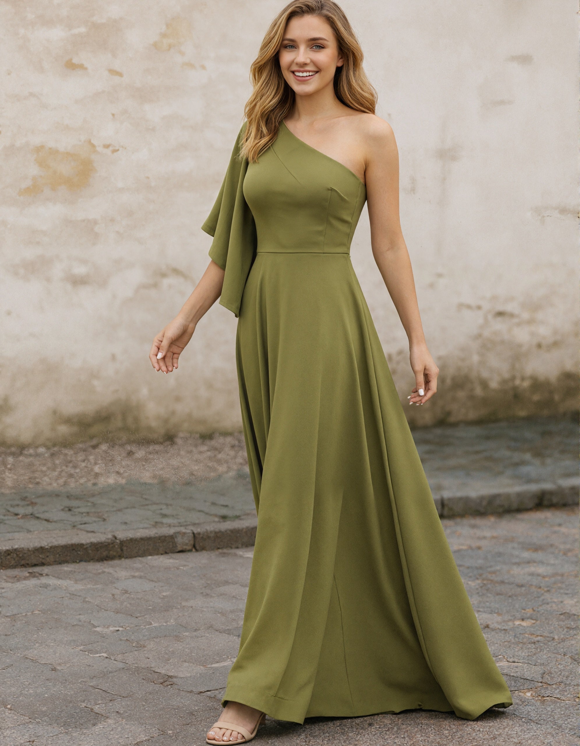 Robe longue vert olive à une épaule avec manches à volants