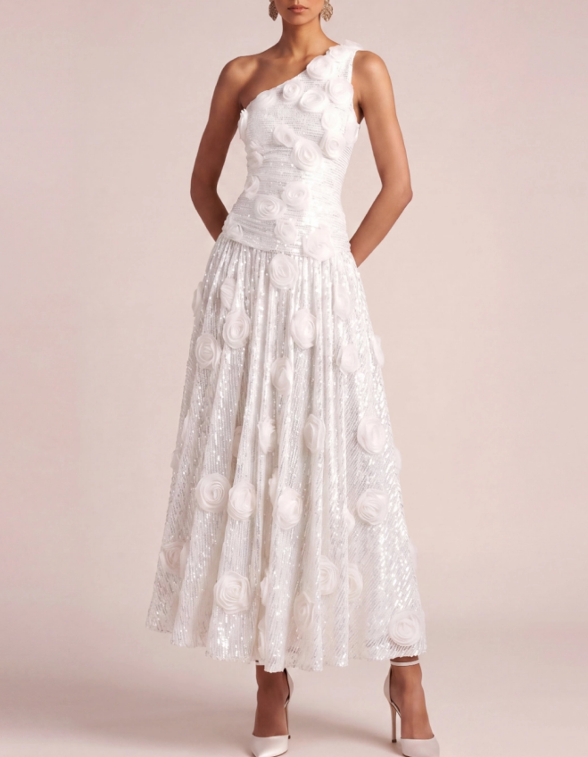Vestido maxi de gasa con lentejuelas, flores, un solo hombro y cintura ajustada
