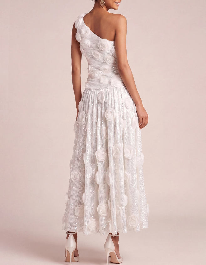 Vestido maxi de gasa con lentejuelas, flores, un solo hombro y cintura ajustada