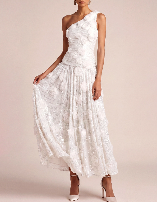 Sequined Chiffon Floral One-Shoulder Fitted Waist Maxi Dress