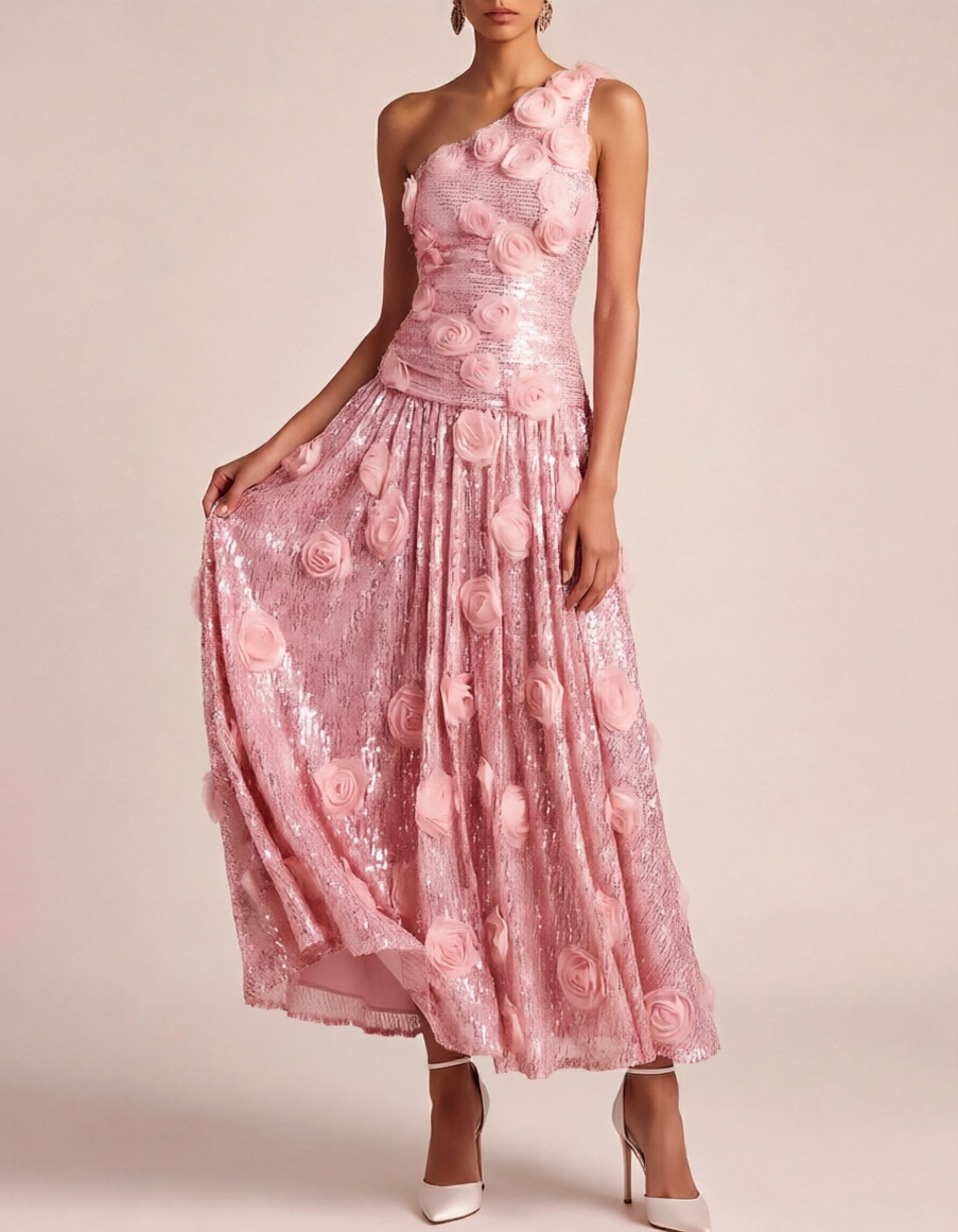 Sequined Chiffon Floral One-Shoulder Fitted Waist Maxi Dress