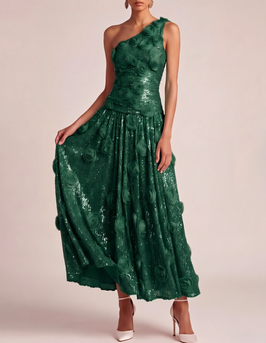 Sequined Chiffon Floral One-Shoulder Fitted Waist Maxi Dress