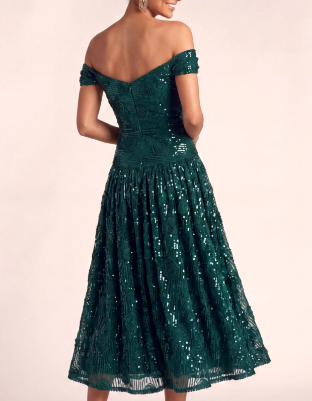 Vestido maxi de gasa con lentejuelas, flores y hombros descubiertos