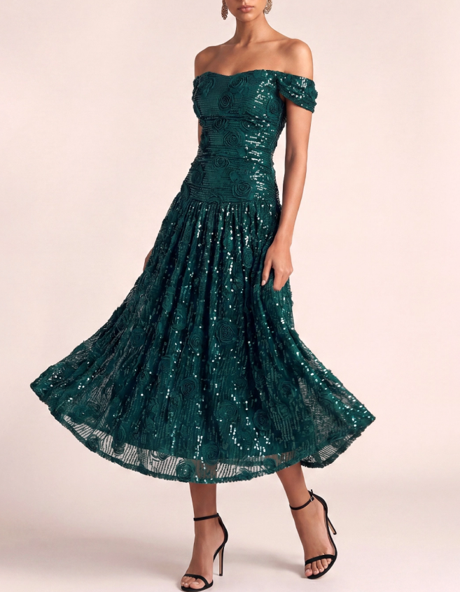 Off-The-Shoulder Sequined Chiffon Floral Maxi Dress