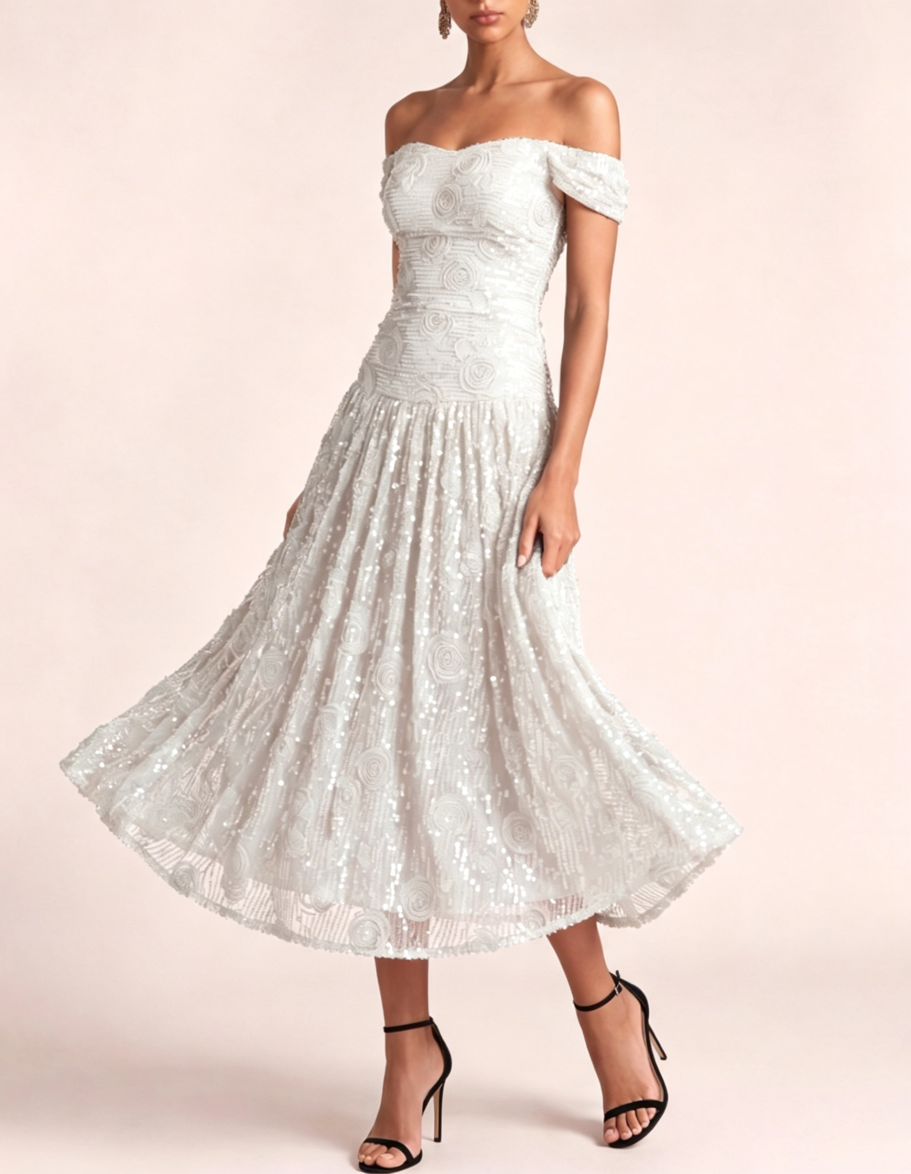 Off-The-Shoulder Sequined Chiffon Floral Maxi Dress