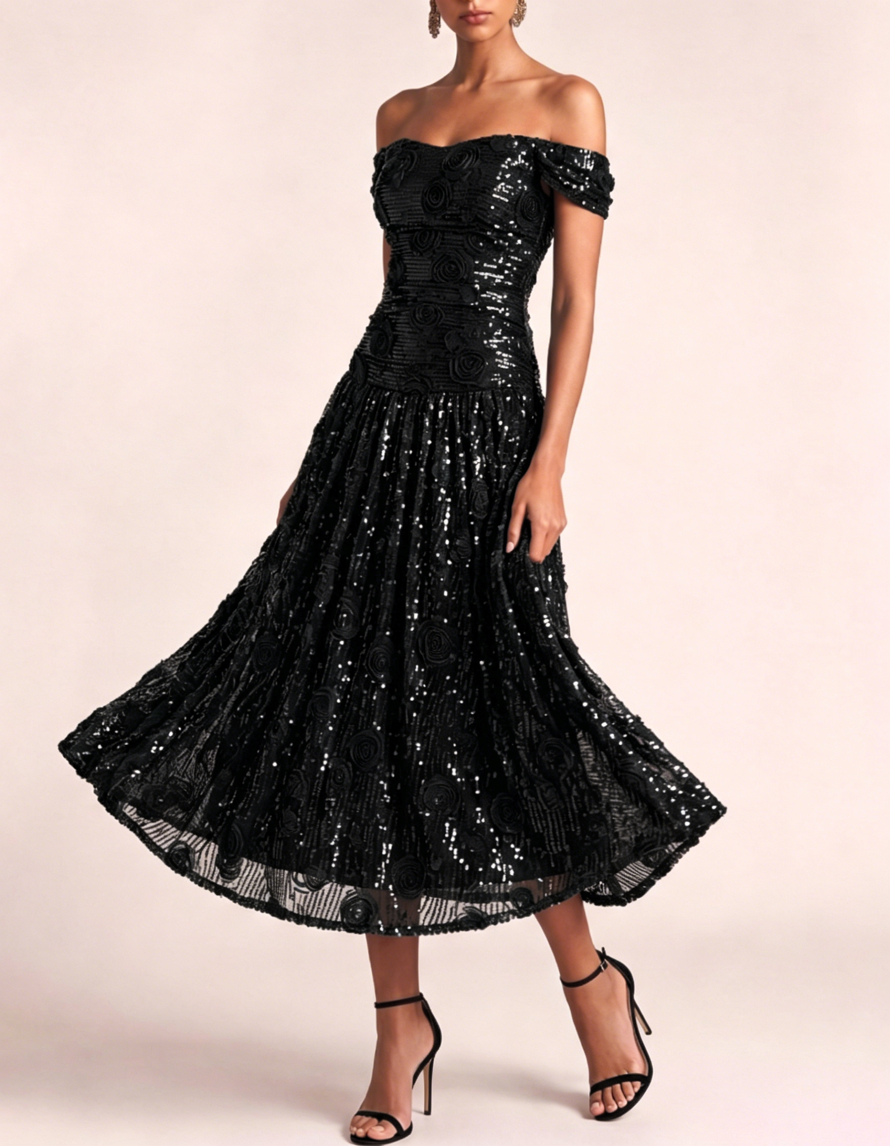 Off-The-Shoulder Sequined Chiffon Floral Maxi Dress