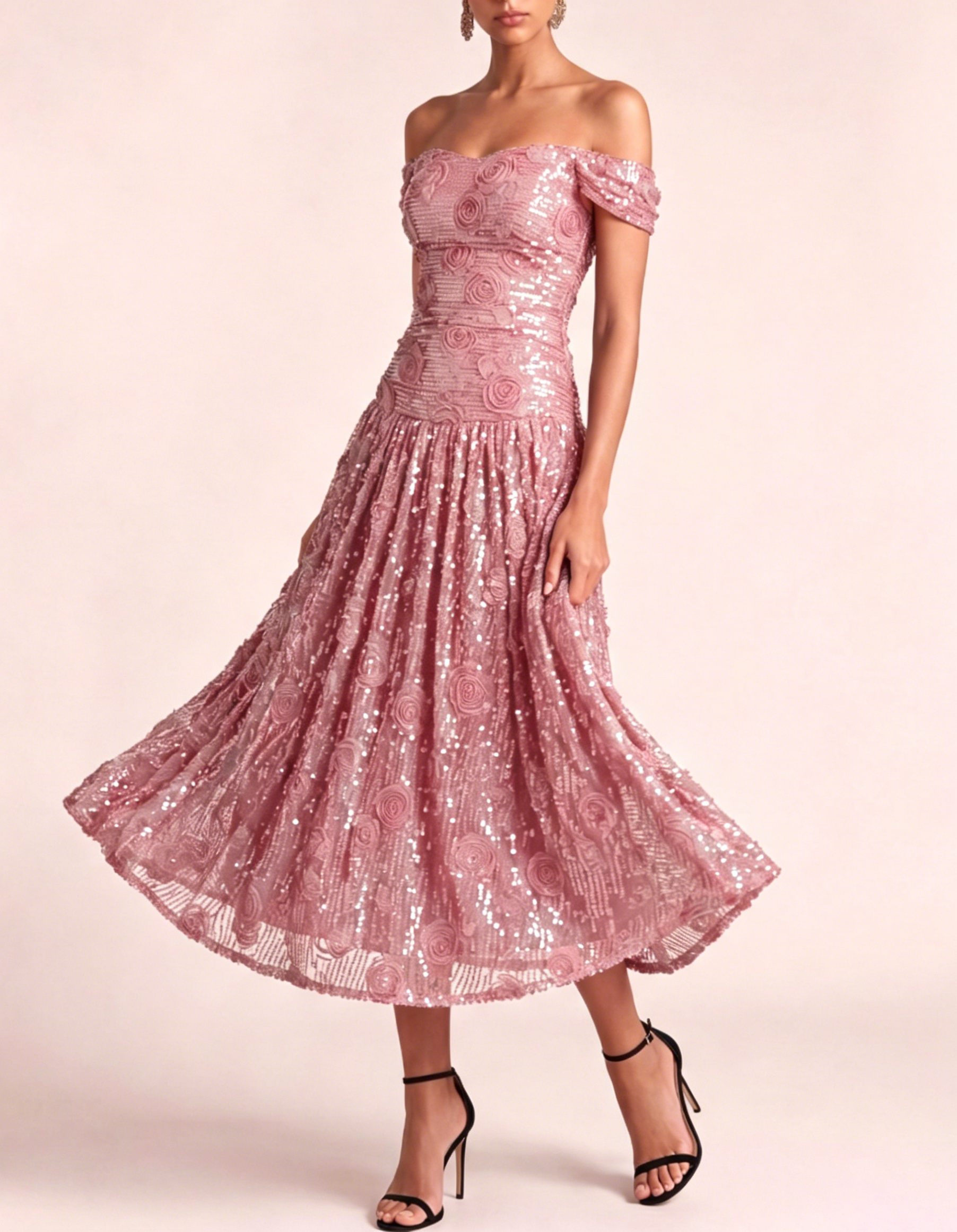 Off-The-Shoulder Sequined Chiffon Floral Maxi Dress