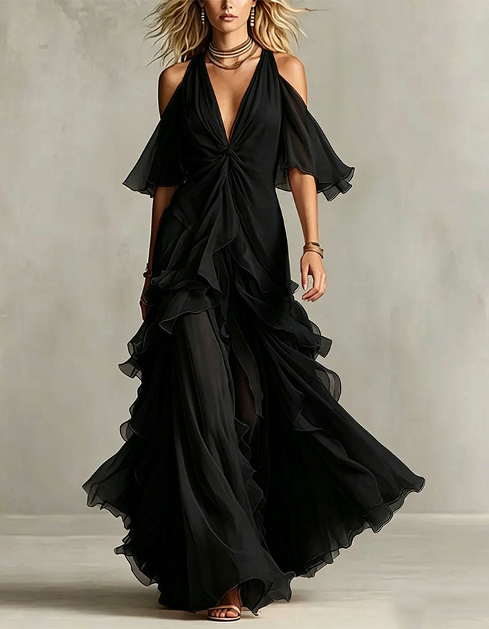 Einfarbiges Chiffon Schulterfreies Maxi-Kleid mit gedrehtem Volant