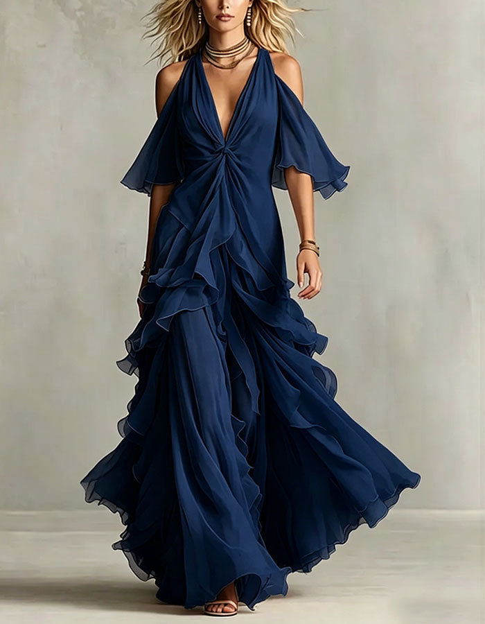 Solid Color Chiffon Off Shoulder Twisted Ruffle Maxi Dress