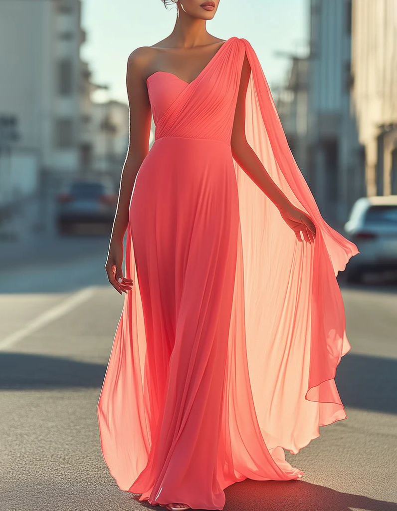 Coral One Shoulder Long Train Formal Maxi Dress