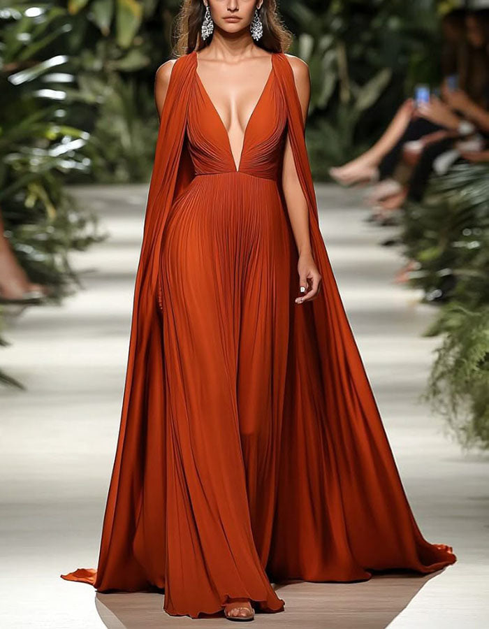 Vestido maxi laranja de chiffon com decote em V profundo, mangas tipo xale e plissado