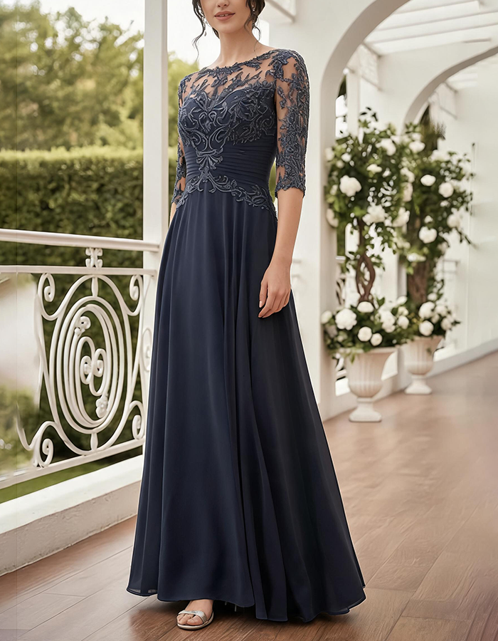 Marineblaues Illusions-Bootsausschnitt-Spitzen- und Chiffon-A-Linien-Maxikleid