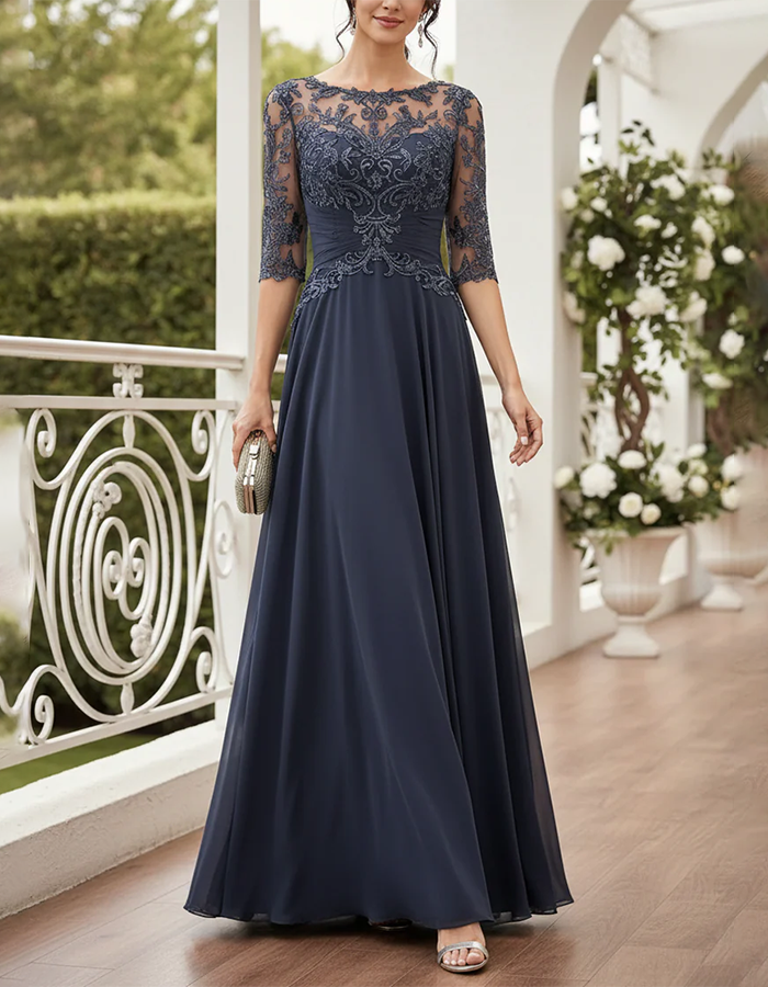 Navy Blue Illusion Boat Neck Lace & Chiffon A-Line Maxi Dress
