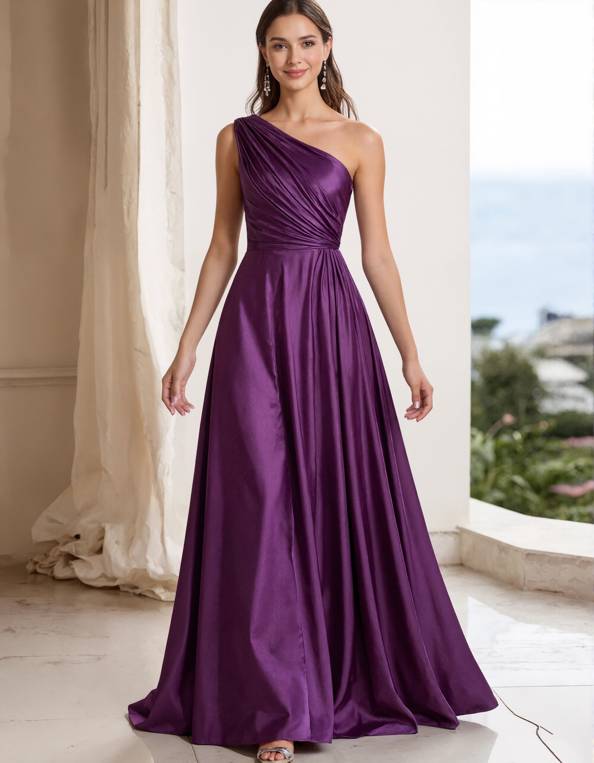 Rochie maxi mov din satin cu un umăr