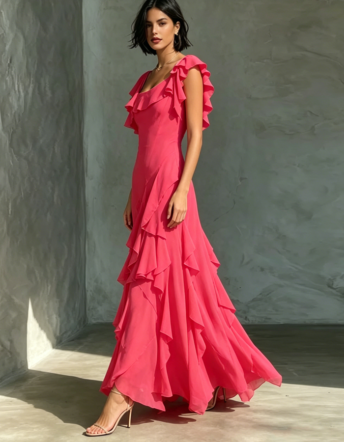 Robe maxi en mousseline rose vif éclatant à encolure carrée
