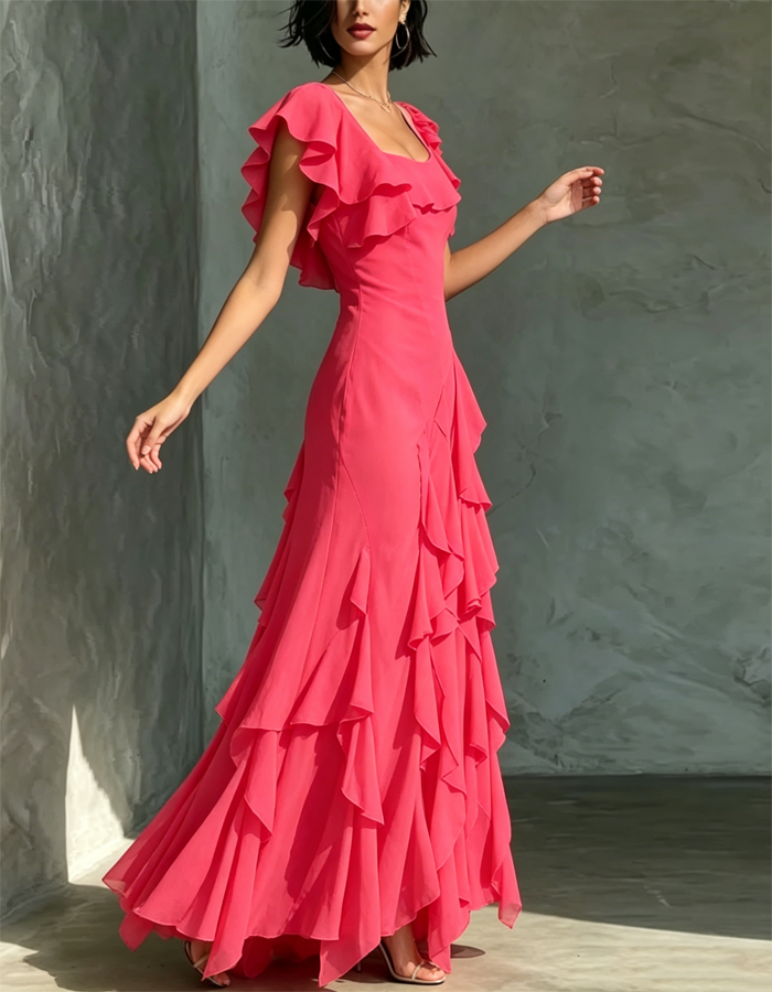Robe maxi en mousseline rose vif éclatant à encolure carrée