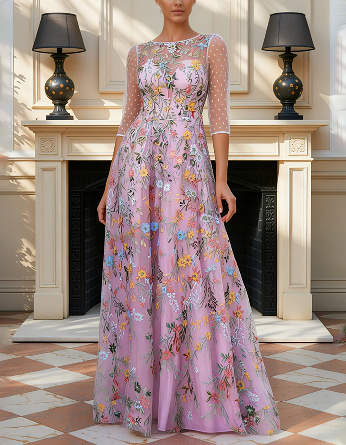 Vestido largo línea A de tul rosa polvoriento con lunares y bordado floral colorido