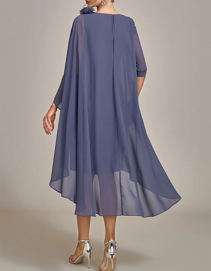 Dusty Blue Round Neck Cape Chiffon High-Low Midi Dress