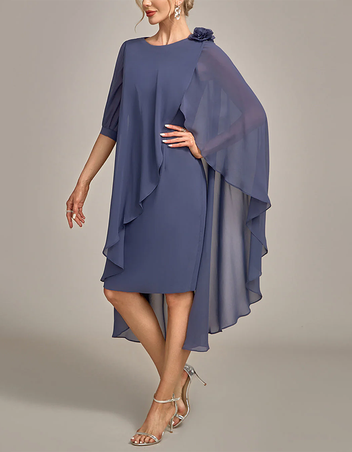 Dusty Blue Round Neck Cape Chiffon High-Low Midi Dress