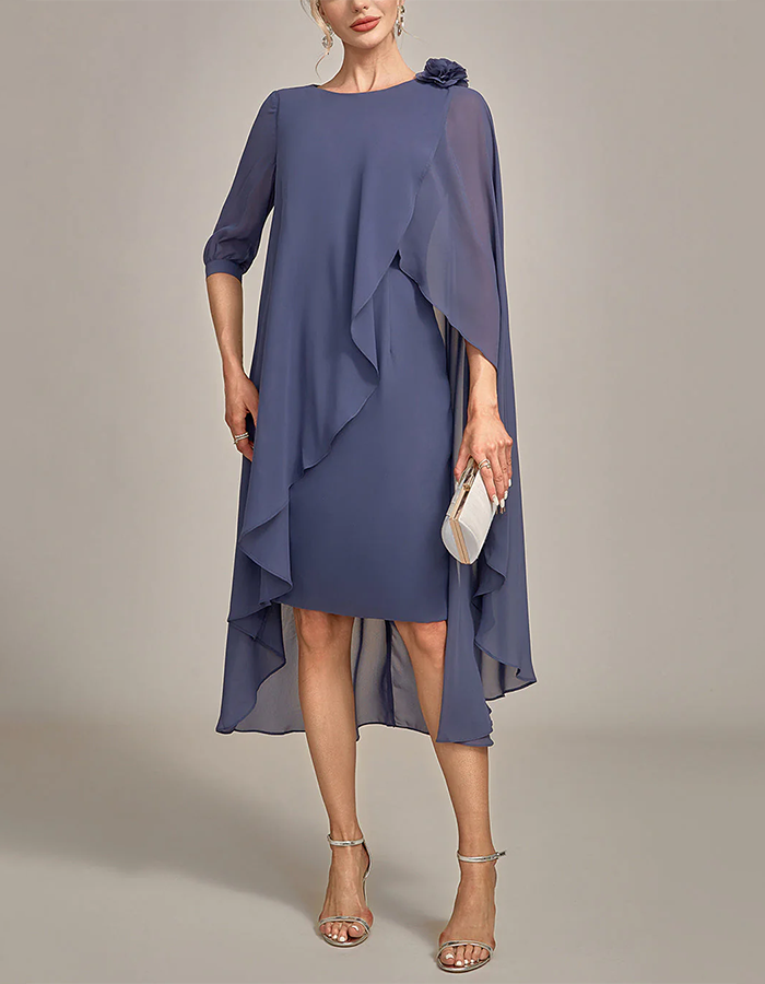 Vestido midi de gasa con capa, cuello redondo, azul polvoriento, diseño asimétrico alto-bajo
