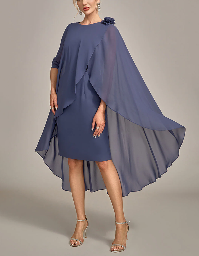 Dusty Blue Round Neck Cape Chiffon High-Low Midi Dress